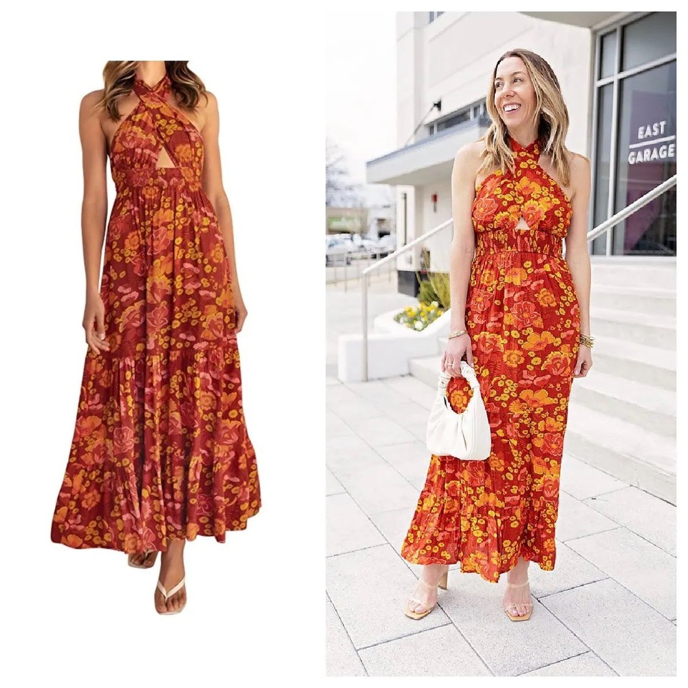 NEW Sunday Up Red Orange Floral Crossover Halter Backless Sundress Maxi Dress